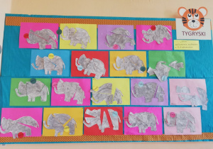 Sylweta słonia pomalowana na kolor srebrny, pocięta na 3 lub 4 części, ponownie złożona i przyklejona na kolorowy karton.